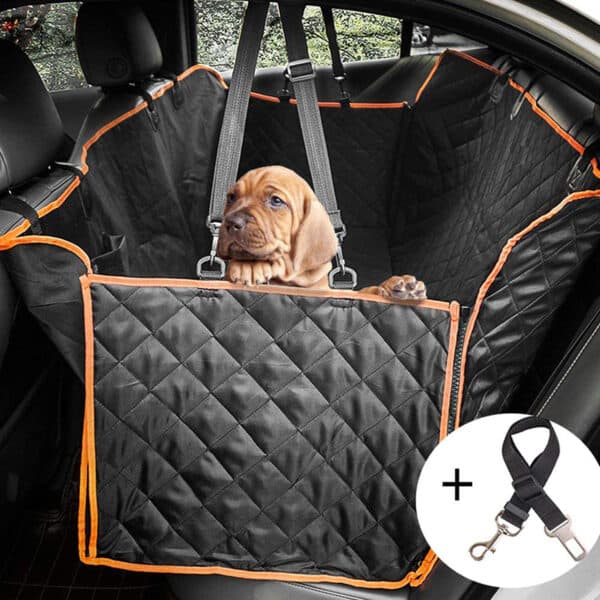 Hátsó ülésvédő huzat kutyáknak autóba biztonsági övvel - narancssárga